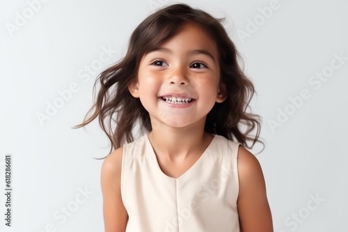 Portrait of a cute little girl with long curly hair on a white background