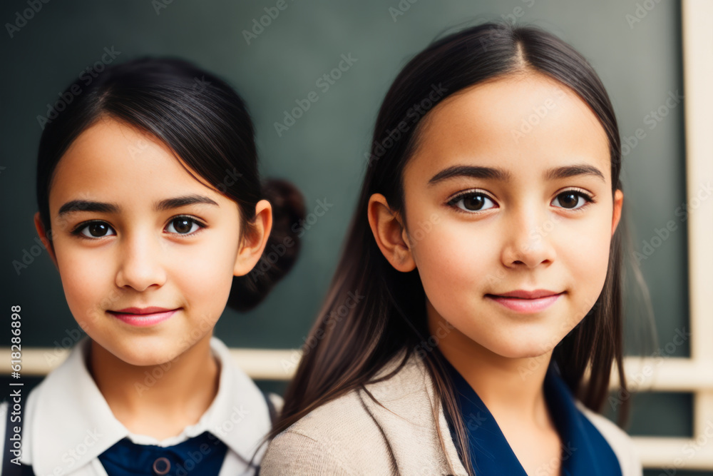 Digital photo of cheerful school girls hugging each other lovingly before entering school. Back to School concept. Generative AI Digital photo of cheerful school girls hugging each other lovingly before entering school. Back to School concept. Generative AI