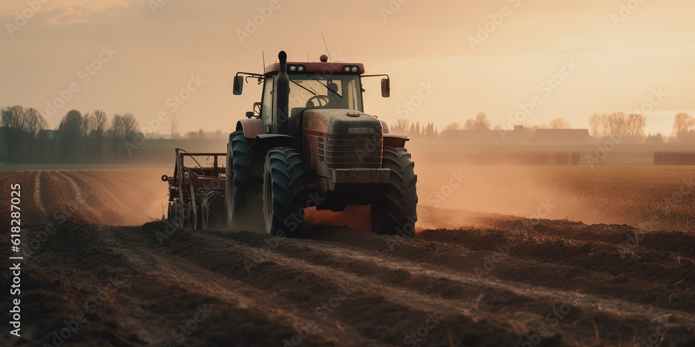Naklejka premium Tractor driving across large field making special beds for sowing seeds into purified soil. Agricultural vehicle works in the countryside. Generative AI