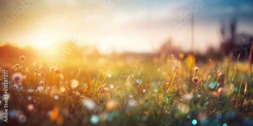 Magic blur bokeh nature morning sun on summer sky background, peace sunset technology. Generative AI