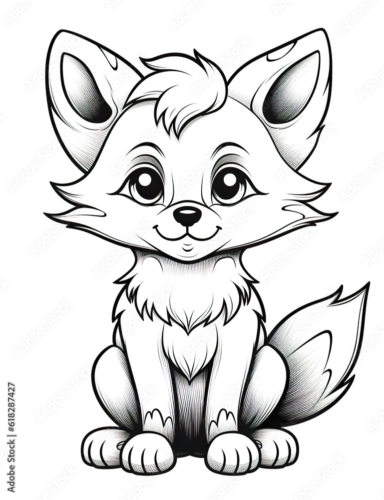 A drawing of a fox sitting on the ground. Generative AI. Coloring book for kids. A drawing of a fox sitting on the ground. Generative AI. Coloring book for kids.