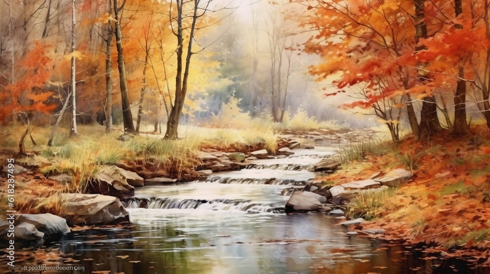 Watercolor tranquil autumn stream with colorful foli. AI generated