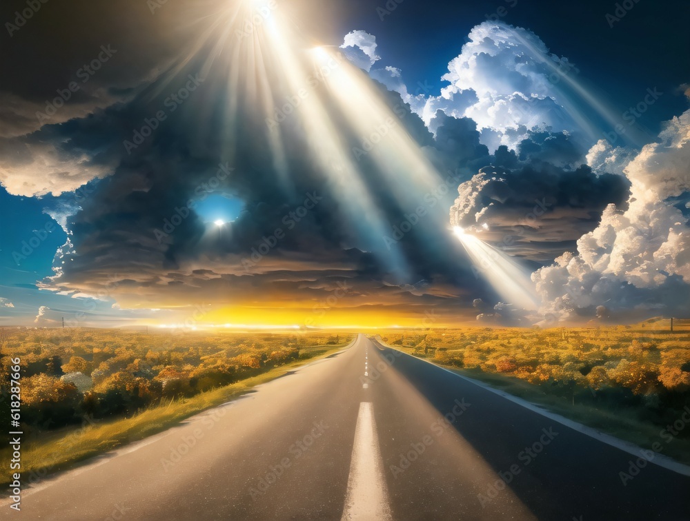 Sunlight shines on a cloudy road. Created with Generative AI Technology.