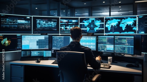Network operations center with technicians monitoring network traffic, troubleshooting issues, and ensuring network performance