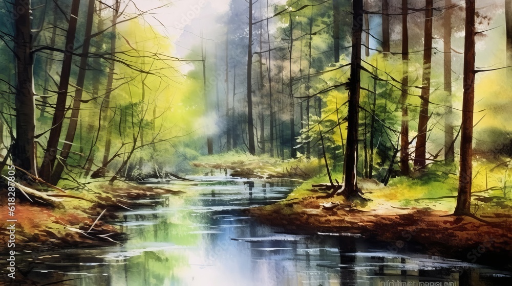 Watercolor tranquil river flowing through a forest. AI generated