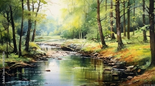 Watercolor tranquil river flowing through a forest. AI generated