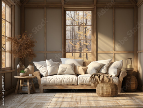 Cozy Brown Farmhouse Living room interior wall mockup, Mockups Design 3D, High-quality Mockups, Generative Ai