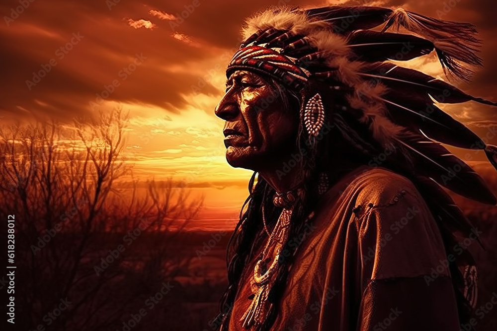 Obraz premium Illustration of a native american indian chief at sunset, art. Generative AI