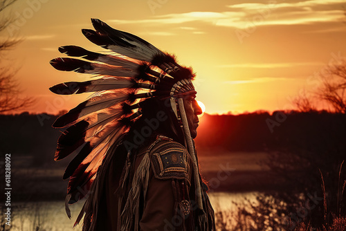 Illustration of a native american indian chief at sunset, art. Generative AI photo