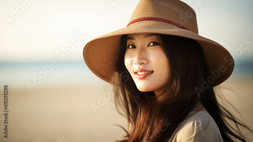 on the beach, fictional location, young adult woman is serene relaxed and happy contented, smiling