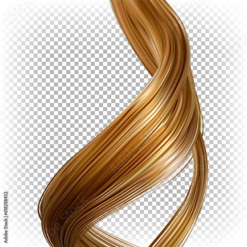 Strand of wavy female blond shiny hair isolated on transparent background. Vector realistic illustration.