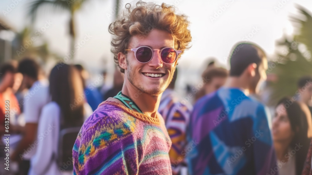 adult man ,30s, caucasian, people in the background, holiday region,tropical, fictional place, good mood and party atmosphere,palm trees, crowd busy