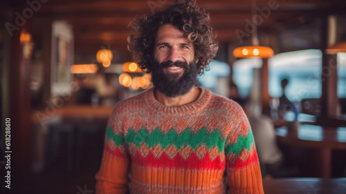 full beard and knitted sweater, early evening, late afternoon, on a beach, in a beach bar or beach restaurant, 40s