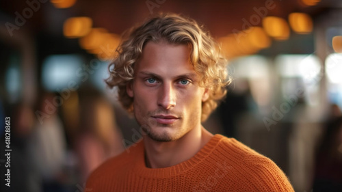 young adult man, thin knit sweater, medium length blonde hair, handsome attractive, in a tourist place or town or bar, fictional place, annoyed or disappointed, wants to leave