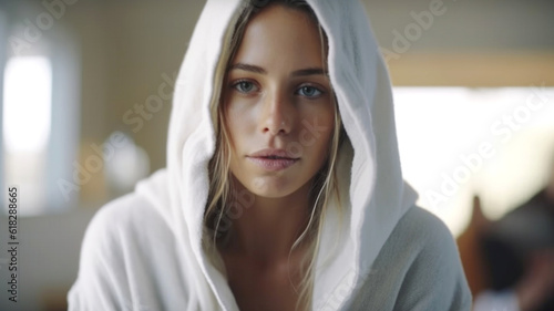 young adult woman, blonde, bathrobe with hood, relaxing because of exhaustion or burn out, freshly showered, afternoon or early morning