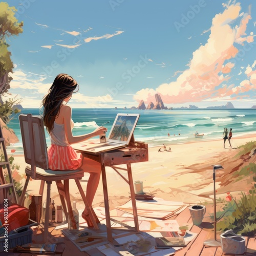 A high school girl artist is painting landscape and still life with fruits and watermelon on background seaside beach.