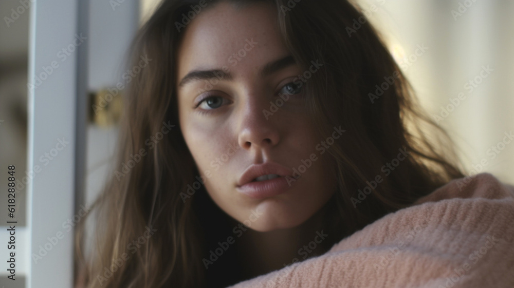young adult woman, 20s 30s, sitting on bed, at home, cozy casual, tired or sad to depressed young adult woman, 20s 30s, sitting on bed, at home, cozy casual, tired or sad to depressed