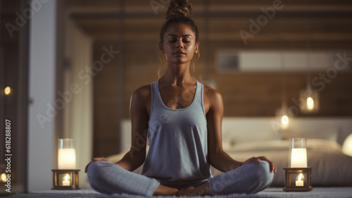 young adult woman meditating or praying by candlelight at home on floor in front of bed   wearing thin cozy shirt and pants