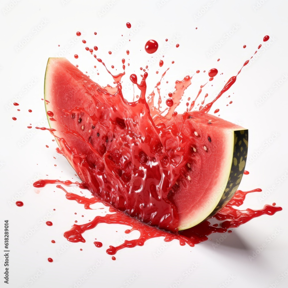 Photgraphy of a three quarter angled smashed full watermelon that has thick red liquid oozing from him isolated on white background.