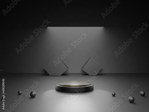 luxury black and gold cylinder pedestal podium with white neon background, Abstract modern rendering 3d shape for product display presentation.