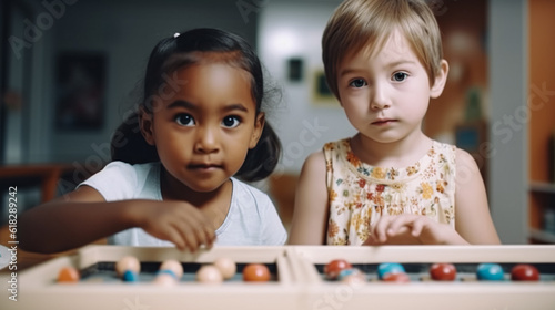 Generative AI, children, boys and girls of different nationalities play together, friendship of peoples, Europeans, African Americans, Indians, Asians, Chinese, kindergarten, diversity