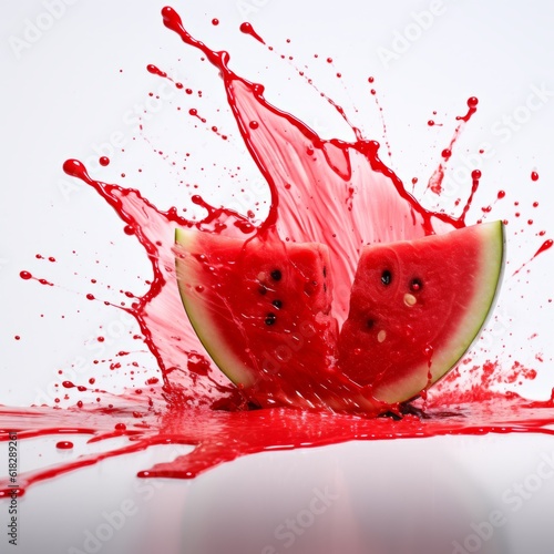 Photgraphy of a three quarter angled smashed full watermelon that has thick red liquid oozing from him isolated on white background. photo