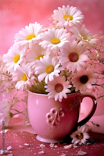 Pink mug with bunch of daisies. Generative AI