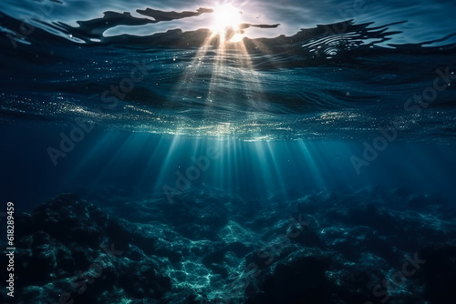 Deep sea with blue sunlight shining through the water. Generative AI