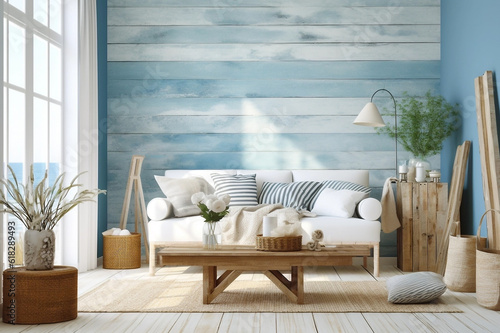 Vintage beach house wooden blue white interior. Generative AI