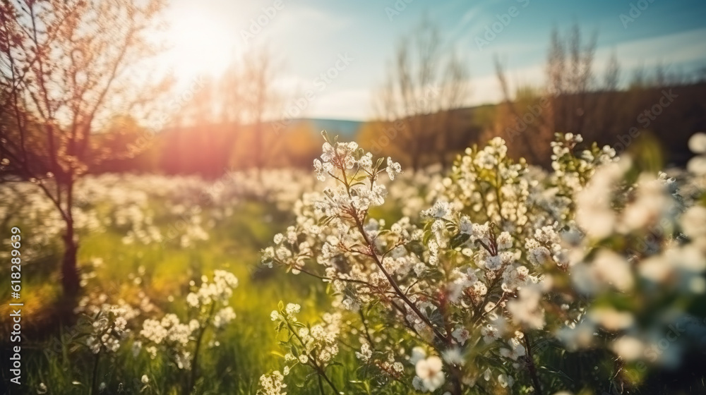 Beautiful blurred spring background nature with blooming glade, trees and blue sky on a sunny day. Generative AI