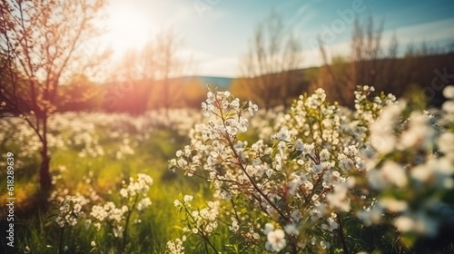 Beautiful blurred spring background nature with blooming glade  trees and blue sky on a sunny day. Generative AI