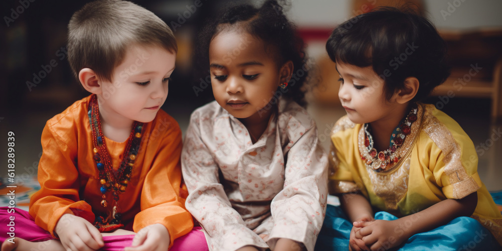Generative AI, children, boys and girls of different nationalities play ...