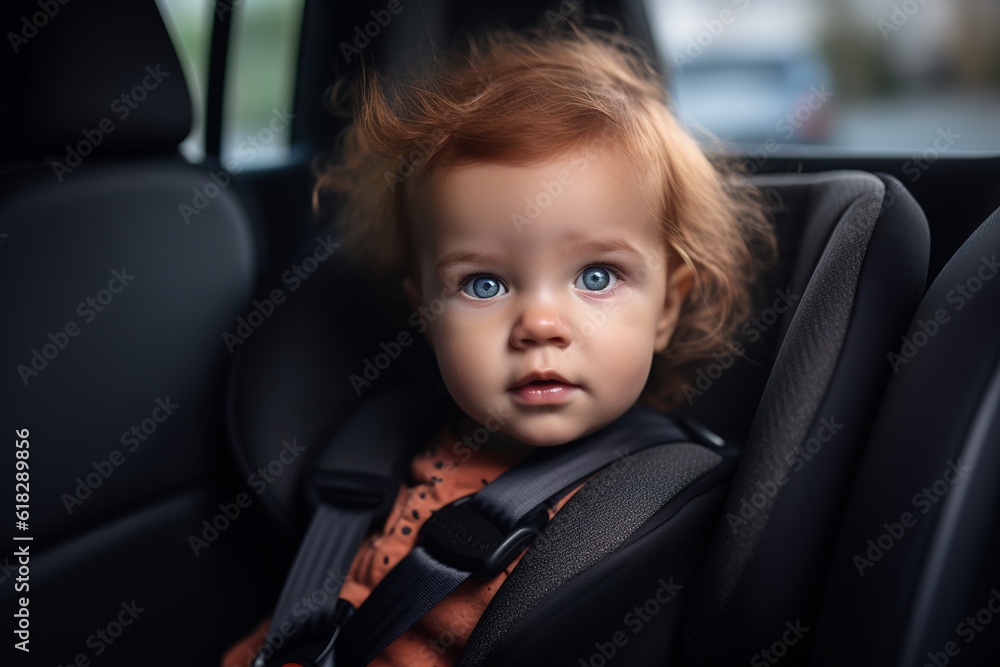 Toddler in a child seat on the back seat of a car. Fictional person