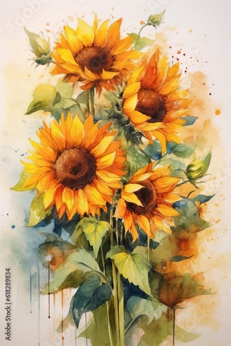 Rustic Sunflowers watercolor illustration. AI generated
