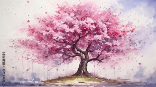 Watercolor beautiful cherry blossom tree in bloom. AI generated © Olive Studio