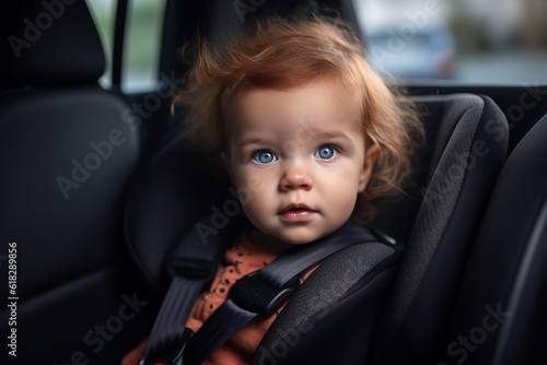 Toddler in a child seat on the back seat of a car. Fictional person. Generative AI © zaschnaus