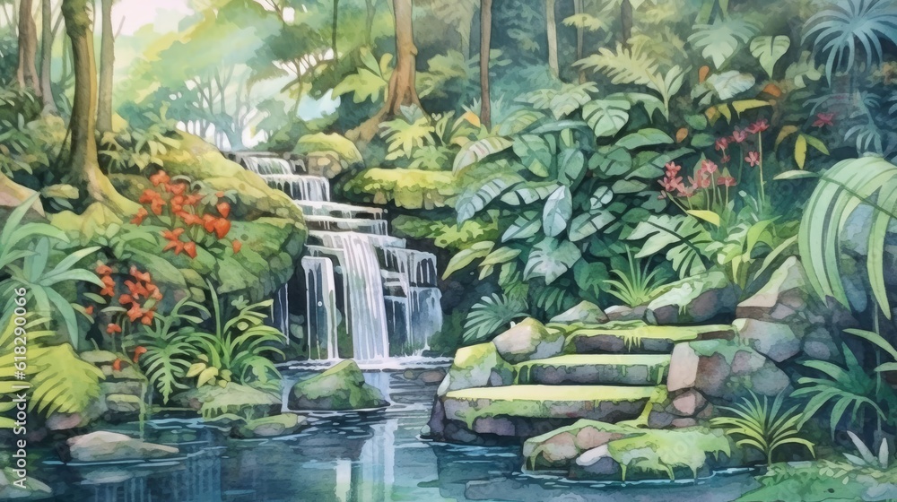 Watercolor tranquil waterfall in a lush jungle. AI generated Watercolor tranquil waterfall in a lush jungle. AI generated