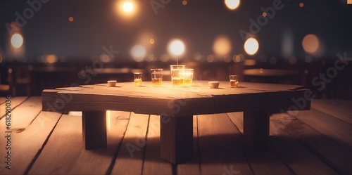 Empty wooden table top on blurred abstract bright bokeh background.