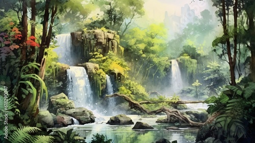 Watercolor tranquil waterfall in a lush jungle. AI generated