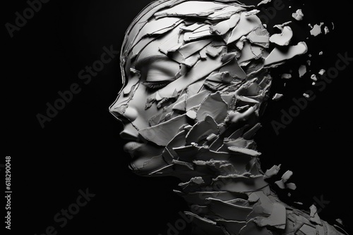 A silhouette of a head, half filled with crumpled waste paper, the other half spilling onto the reflective surface below. A photograph depicting the feeling of anxiety. Generative AI