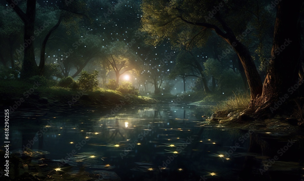  a painting of a forest with a pond and a light at the end of it.  generative ai