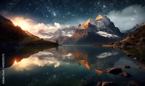  a mountain range is reflected in a lake under a night sky. generative ai