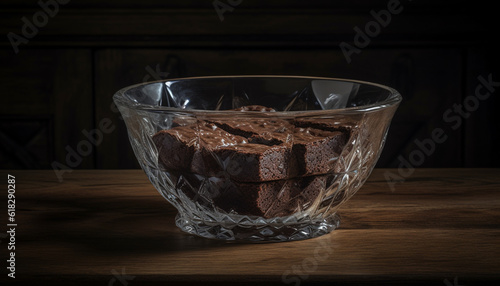Rustic chocolate dessert on wooden table plate generated by AI