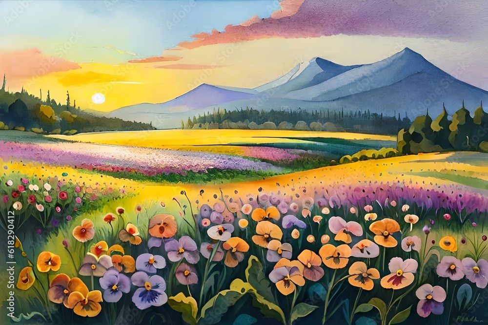 landscape with flowers and mountains Generated by ai