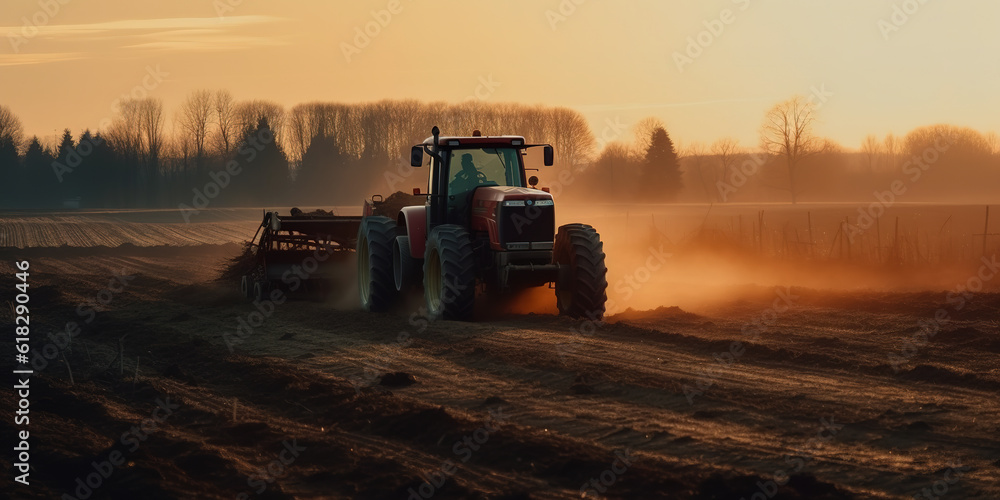 Obraz premium Tractor driving across large field making special beds for sowing seeds into purified soil. Agricultural vehicle works in the countryside. Generative AI