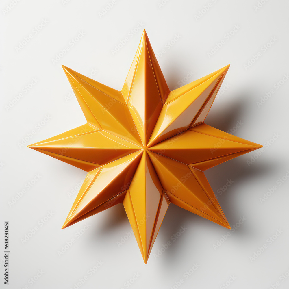 Obraz premium Yellow 8-corner star on a white background, 3D. AI generative.