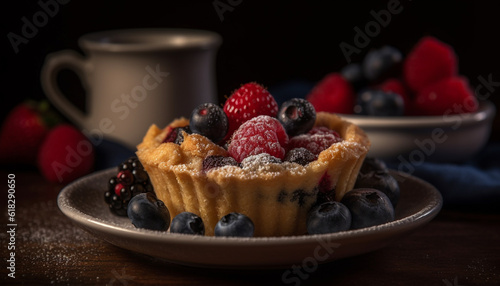 Fresh berry dessert on rustic wood table generated by AI