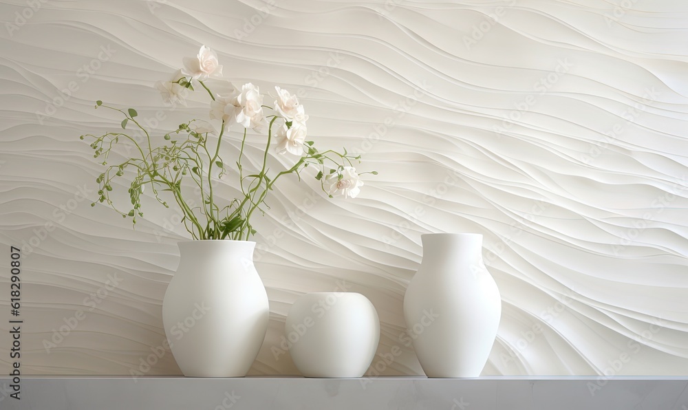 three white vases with flowers in them on a shelf. generative ai three white vases with flowers in them on a shelf. generative ai