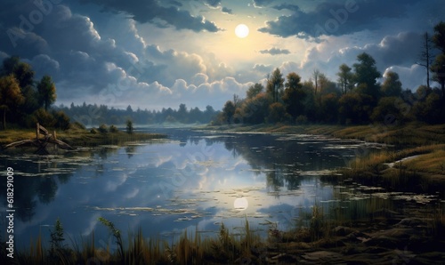  a painting of a lake with a full moon in the background.  generative ai © Olga