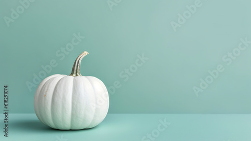 A white pumpkin sitting on top of a table. Generative AI. Mint green monochromatic Fall background.
